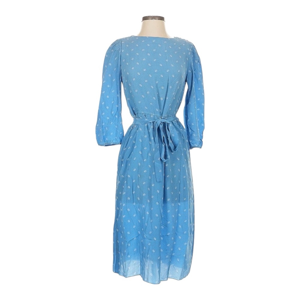 vtg 90s AP LTD 100% Silk Polka Dot Cottagecore Midi Dress Blue Womens 4 / Small